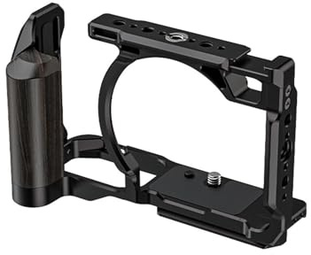 Professional Camera Cage in Aluminum Alloy with Wood Handle Versatiled Attachment for Lights Microphones and Tripods Hand Grip
