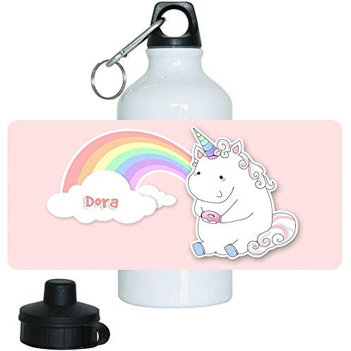 Trinkflasche mit Namen Dora und schönem Motiv - Einhorn mit Donut und Regenbogen für Mädchen - | Motiv-Trinkflasche | Kinder-Trinkflasche