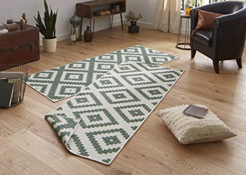 NORTHRUGS Outdoor Teppich Malta-Wendeteppich Wetterfest Modernes Geometrisches Muster Läufer für Balkon Terrasse Garten Wintergarten Wohnzimmerteppich Wasserfest, Polypropylen, Grün,Creme, 80x350cm