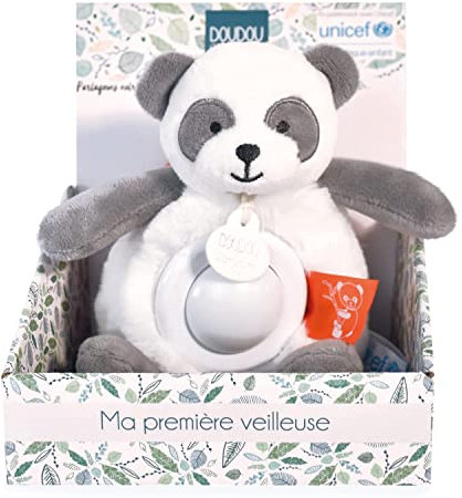 Doudou et Compagnie - Nachtlicht Plüsch Panda Musik und Licht für Kinder – mit 3 Lichtern – Größe 20 cm – Schwarz und Weiß – Kollektion Unicef – Geschenkidee ab der Geburt – DC3996