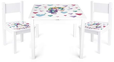 Leomark Weiß Kindertisch und 2 Stühle aus Holz - Einhorn YETI - Tisch Kinderstuhl für Kinder, Kindersitzgruppe, Sitzgruppe mit UV Aufdruck