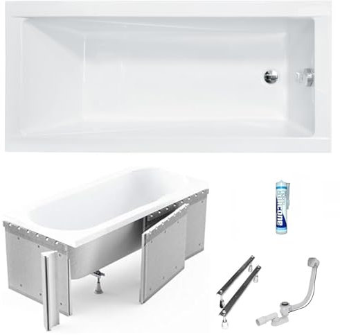 ECOLAM Baignoire rectangle acrylique Modern 120x70 cm | revêtement polystyrène 1.041 pour carrelage | pieds siphon et silicone | petite baignoire | baignoire en acrylique blanc