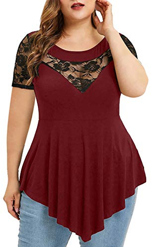 Lazzboy Tshirt Damen Plus Size Solid Frauen Floral Lace O-Ausschnitt Asymmetrische Tops Bluse T-Shirt V-Ausschnitt Knopfleiste Solide Tunika Langam/ärmellos/Kurzarm
