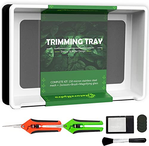 Naturehydro Trimming Tray with Dry Sift Tools Trim Bin for Pollen and Herbs with Screen 2-in-1 Herb Sifter 150 Micron Screen 2 Trimming Scissors and Brush (White)