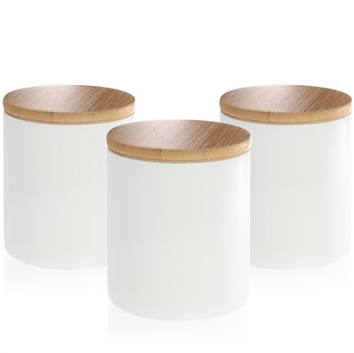 com-four® 3x Récipients de Conservation en Céramique - Boîte de Rangement avec Couvercle en Bambou - Récipient à Café Polyvalent - Petits Récipients en Céramique (blanc - 08x09cm - 3 pièces)