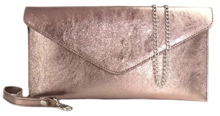 LeahWard Genuine Italian Suede Leather Envelope Clutch Bags Wrist Strap and Chain Strap Included Party Wedding Purse Handbag Cross Body Bag (Rose Gold Leather Clutch Bag)