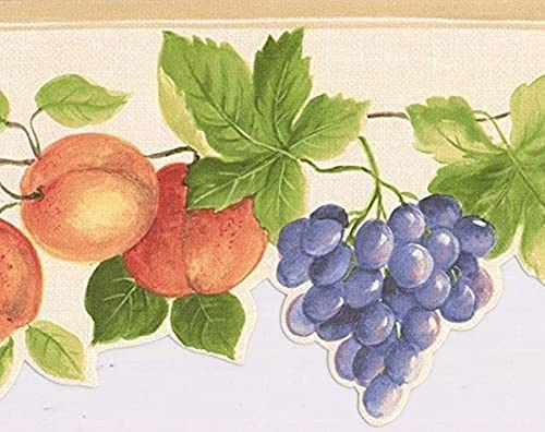 CONCORD WALLCOVERINGS ™ Kt77919DC Frise de papier peint Motif fruits raisins pommes feuilles pour cuisine, chalet, ferme, beige, violet, vert, rouge, 4,6 m x 12,7 cm