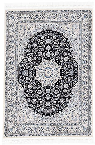 carpetfine Orientteppich Nain Diane Blau 80x150 cm | Tradtioneller Teppich für Schlaf- und Wohnzimmer