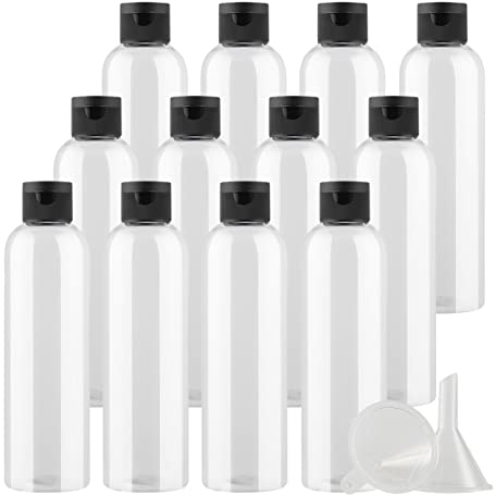 ZEOABSY 12 Pièces 250 ML Transparent Bouteille en Plastique avec Bouchon à Charnière Noir, DIY Vider Bouteille Ronde en PET de Voyage pour Cosmétiques Liquides