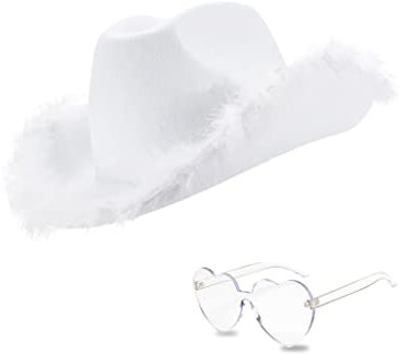 db11 Chapeau de cowboy avec paillettes - Chapeau de fête de rodéo avec lunettes en forme de cœur (blanc), L