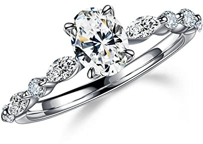 MOOSEA Bagues ovales en moissanite 1,5 ct pour femme, couleur D, pureté VVS1, bagues de fiançailles en moissanite créée en laboratoire, or blanc 14 carats, marquise solide et pierre latérale ronde,
