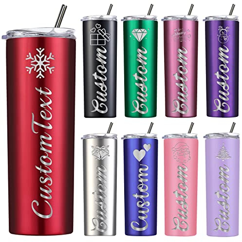 Westpearl Vasos delgados personalizados de 20 onzas, regalo para Navidad, vasos de acero inoxidable personalizados con tapas y popotes, grabado láser gratis, 16 iconos, 13 colores, 20 fuentes, rojo