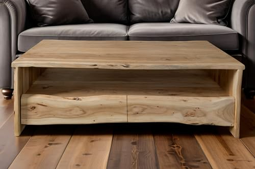 SAM Couchtisch Dahlia I, Sofatisch mit Ablage & 2 Schubladen, Akazienholz massiv + naturfarben + lackiert, Beistelltisch mit echter Baumkante, 130x70x45 cm