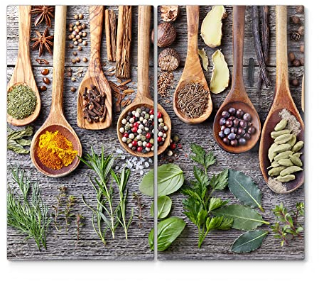 DEQORI Herdabdeckplatten Glas | 2er Set 60x52 cm | Motiv Dekorierte Kochlöffel | Ceranfeld Abdeckplatten in Küche | Herd-Abdeckungen universal | Glasplatten & Schneidebretter für Kochplatte