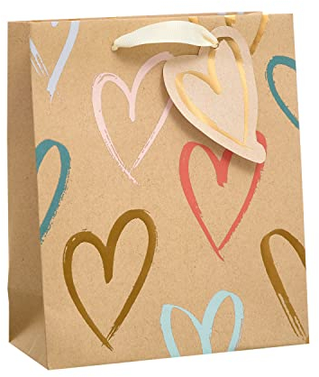 UK Greetings | Medium Gift Bag for Her/Friend | Party Bags for Presents | Birthdays/Thank You Teacher/Weddings | Kraft Hearts Design | 19 x 23 x 9 cm