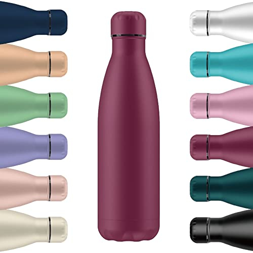 Mi Ko Mi Ka Botella de Agua Térmica de Acero Inoxidable Reutilizable | Sin BPA | Mantiene 24H Frio / 12H Calor | Hermética - Doble Pared a Prueba de Fugas (Granate, 500ml)