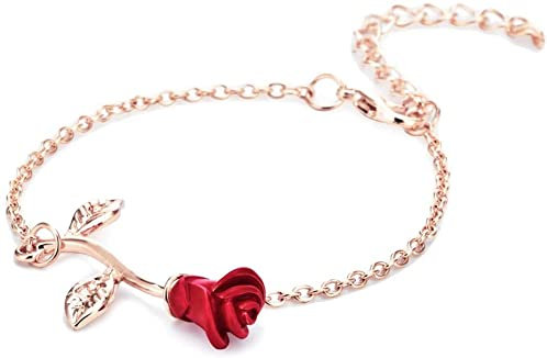 Générique Tempérament Élégant Rouge Rose Fleur Bracelet Réglable Pied Chaîne Bracelet Cadeau pour Femmes, Or Rose