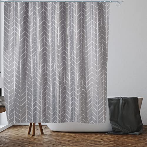 VIROSA Grey Zig Zag Shower Curtain Anti Mould, Mildew Resistant | Size 180x180 cm (71 x 71 Inch) | Water Repellent Fabric | 100% Polyester