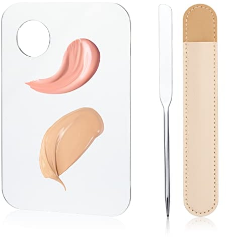 GCQQ Acrylic Makeup Mixing Palette Set 6x4 inch Large Size - Stainless Steel Makeup Spatula with Leather Cover - 2023 Professional Cosmetic Palette for Mixing Foundation Nail Art (15 x 10CM)