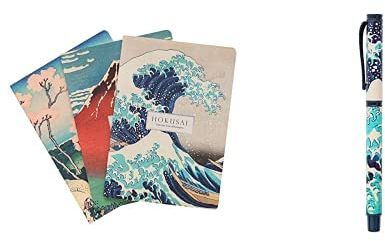 Kokonote Hokusai Die große Welle vor Kanagawa 3er Pack Notizbücher A5-1 Notizbuch Liniert 1 Notizbuch Dotted 1 Notizbuch Blanko + Kugelschreiber Schwarz mit Geschenkbox