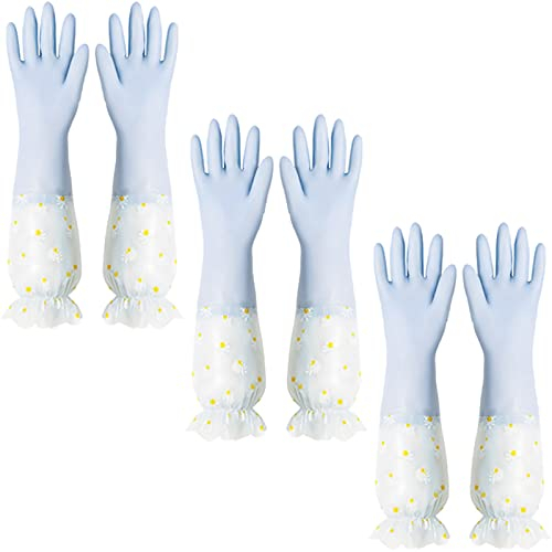 BAMFY Lange Manschette rutschfest Putzhandschuhe Wiederverwendbar Geschirrspülen Haushaltshandschuhe for Geschirr Spülen Und Reinigungsaufgaben (Color : Blau, Size : Ruffles)