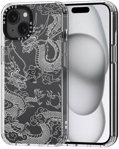 MOSNOVO Case for iPhone 15 Plus, [Buffertech 6.6ft Military-Grade Drop Protection] [Anti Peel Off Tech] Clear TPU Bumper Phone Case Cover Design - White Dragon