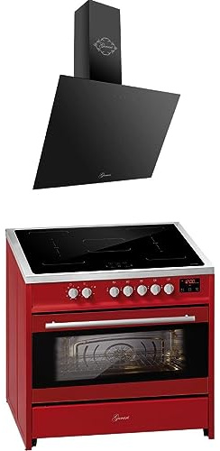 GURARI Induktions-Standherd E 913 R + GCH 286 BL 9 Prime, Range Cooker/Elektro Standherd 90cm FLEX Induktionskochfeld + Dunstabzugshaube 90 cm, Rot