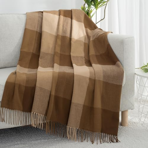 GINAMUSE Buffalo Plaid Überwurfdecke für Couch mit Quasten, 127,7 x 152,4 cm, weich, leicht, gestrickt, Boho, dekorative Decken für Bett und Sofa, Kamel