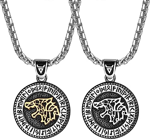 JewelryWe Schmuck 2pcs Wikinger Wolf Halskette Herren Edelstahl Fenrir Wolf Rune Münze Medaillon Anhänger mit Kette Nodischer Viking Wolfskopf Amulett Geschenk für Männer Silber/Gold
