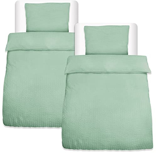 Beautissu 4tlg Seersucker Bettwäsche 155x220 cm Sommer & Kopfkissen Bezug 80x80 cm – Bügelfrei Bettwäsche-Sets Bettbezug Sommerbettwäsche 155x220 – Hautfreundlich Bettwaren & Bettwäsche Grün – Meline