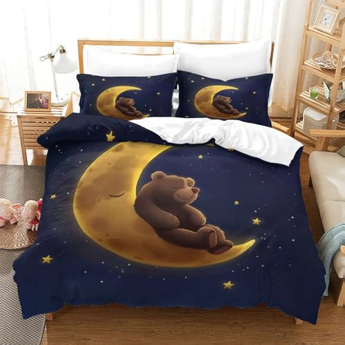 HMLTD Mondbär Bettwäsche-Set Mit 3D Tier-Thema Druck, Doppelbett-, King-Size-Bettbezug-Set, Luxuriös, Dekorative Mikrofaser-Polyester, Reißverschluss 3 Teilig Single(140x200cm)