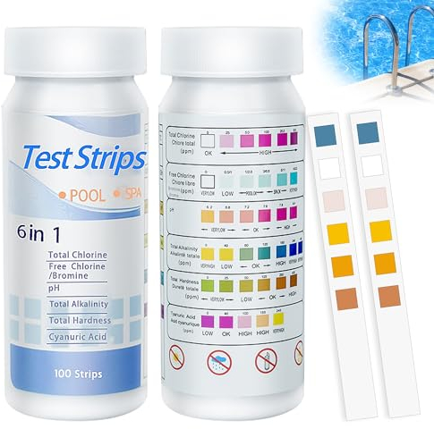 Lot de 100 Bandes de Test, 6 En 1 Bandes Spa Et Piscine, Bandes Test Eau pour Tester Chlore Libre, Le Brome, la dureté Totale, l’alcalinité Totale, l’Acide cyanurique et Le pH