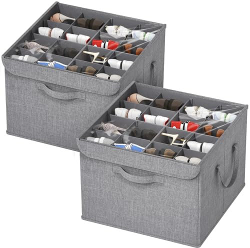 Lifewit Shoe Organizer for Closet, Adjustable Dividers Shoe Storage Fits 16 Pairs, Clear Cover Shoe Box Fits for Boots Heels Sneakers, Foldable Storage Bins with Bottom Support, Light Gray, 2 Pack