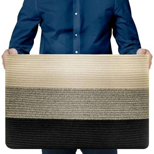 Blumido Aufbewahrungskorb Groß - Rechteckiger Baumwollkorb mit Griff – Großer Korb für Decken Wohnzimmer – 63x40x40 cm – Gelb Schwarz – Wäschekorb geflochten – Aufbewahrung Spielzeug Kinderzimmer