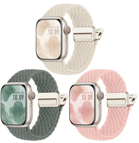 Lot de 3 bracelets tressés compatibles avec Apple Watch - 42 mm, 46 mm, 41 mm, 40 mm, 38 mm, 45 mm, 44 mm, 49 mm - Bracelets élastique en nylon avec fermeture magnétique pour iWatch SE Series 11 10 9