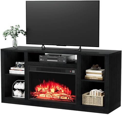 YESHOMY Mueble de TV con chimenea eléctrica, consola central de entretenimiento multimedia con 2 estantes ajustables y 5 espacios de almacenamiento, para televisores de hasta 65 + pulgadas, 58