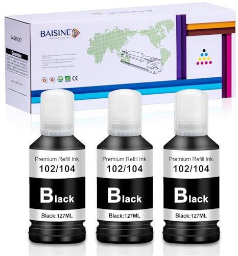 BAISINE ET104 Tinte Schwarz Kompatibel für Epson 104 102 Tinte für Epson EcoTank ET-2710 ET-2712 ET-2714 ET-2715 ET-2720 ET-2721 ET-2726 ET-2810 ET-2815 ET-2820 ET-2821 ET-2825 ET-2826 ET-4700 ET-4800
