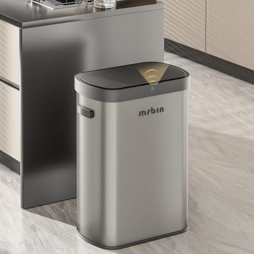 MRBIN Automatic 50L/13gal Stainless Steel Trash Can with Lid, Large Commercial Touchless Motion Sensor Waste Basket, Tall Rectangle Garbage Bin for Kitchen, Garage, Office, Eclipse Grey