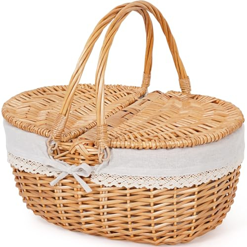 Happypicnic Picknickkorb aus Weidengeflecht mit Griff, 38,1 cm großer, leerer Picknickkorb mit Deckel und herausnehmbarem Einsatz, handgewebter Vintage-Korb für Picknicks, Camping, Gemüsepflücken