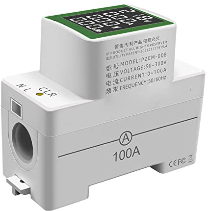 Nikou Stromzähler Hutschiene, LCD Digitale Voltmeter Amperemeter PZEM-008 AC50-300V/100A Spannungsprüfer Wattmeter, Überlastsicherung für DIN Hutschiene