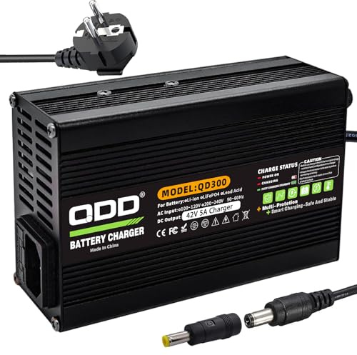 QDD 42V 5A Ladegerät 36V Li-Ionen-Akkuladegerät für 10S 36V 37V 15Ah 20Ah 30Ah 40Ah Lithium Li-Ionen-Akkupack mit DC5.5 * 2.1(5,5 * 2.5) mm Anschluss