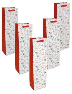 Sigel GT134/5 Flaschen-Geschenktüten aus Papier, 5er Set, weiß/gold/rot, mit Seidenbandgriffen, 10 x 35 x 8 cm, Christmas motifs watercolor, Papier-Geschenktaschen Weihnachten