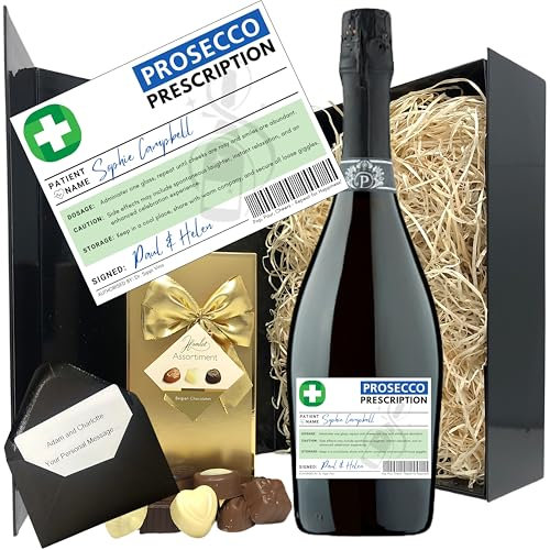 Funny Prosecco Prescription Gift – Personalised Prosecco Bottle with Chocolates in Black Hamper Box – Birthday Gift for Doctors, Nurses, Dentists, Healthcare Staff