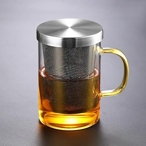 Teetasse Glas 450ml Teeglas mit Sieb und Deckel, Tee Tasse, Filter aus Rostfreiem Stahl, Ein Gutes Teegefäß, Mehr Genuss Beim Teetrinken (Gelber Griff)