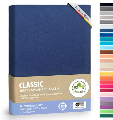 leevitex® Classic Jersey Spannbettlaken 140x200 – 160x220 cm | 150 GSM Baumwolle | Öko-Tex Zertifiziert | für Standard-, Boxspring- und Wasserbetten | 40 cm Steghöhe | 1er Pack | Navyblau