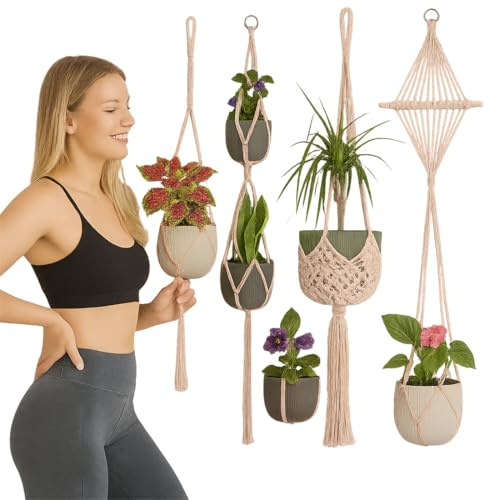 Emotionlin Makramee Blumenampel 4er-Set – Boho Deko Hängepflanzenhalter für Blumentopf Hängend Ø 10–25 cm – Pflanzenampel aus Baumwolle für Balkon, Fenster, Wohnzimmer (Weiß B)