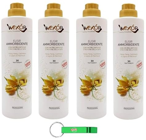 4x WEXOR Weichspüler Elisir Ammorbidente Giallo Cashmere - Kaschmir Gelber Weichspüler mit Ylang Ylang, Kaschmir und Patchouliholz - 30 Wäschen 750ml + Beni Culinari Kostenloser Schlüsselanhänger