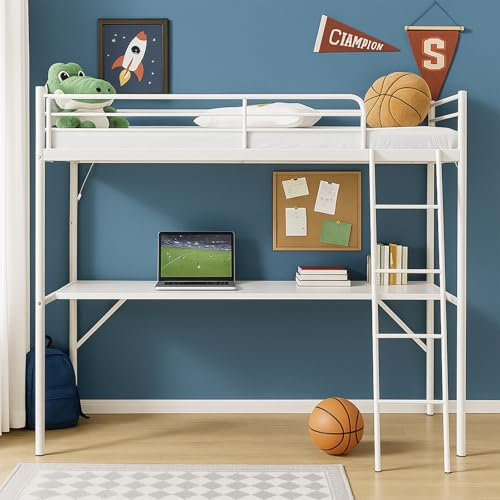 Karl home Metal Single Bed Frame with Study Desk, Loft Space Saving Bunk Beds Built-in LED Lights W/Remote Control & Safety Ladder, Fit for Small Rooms (White)