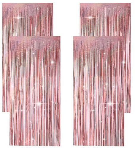 ROOMHUAWAY 4 Stück Roségold Lametta Vorhang - Deko Geburtstag Frau, Geburtstagsdeko Fotovorhang, Glitzervorhang für Junggesellenabschied, Verlobung und Geburtstagsdekoration