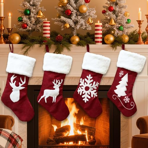 KUWUNG 4 Stück Weihnachtsstrumpf, 46cm Große Nikolausstrumpf mit Kunstfell-Manschette,Elch Rot Weihnachtsstrümpfe,Weihnachtssocken Kamin, Christmas Stocking Süßigkeitenbeutel für Weihnachtsdekoration